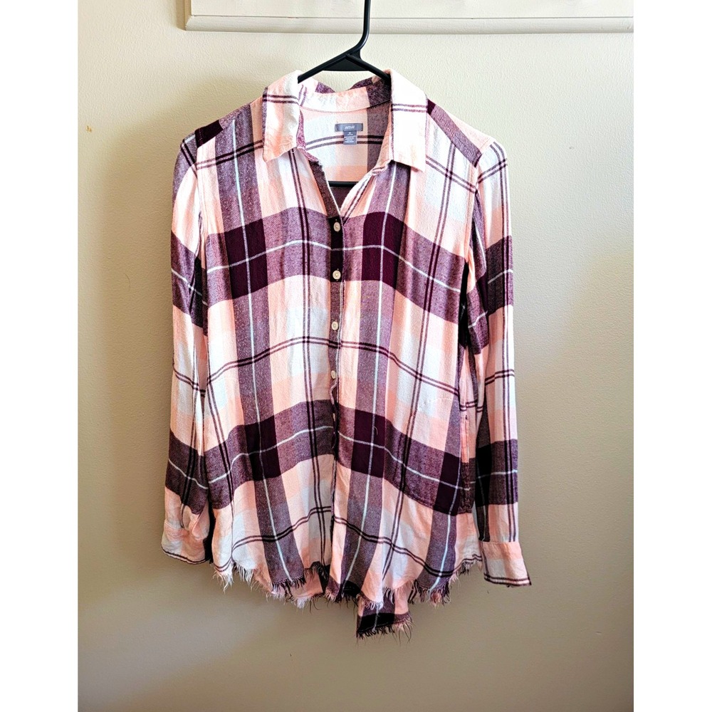 Aerie Women's XS Pink Purple Plaid Button-Up Collared L/S Frayed Hem Pockets